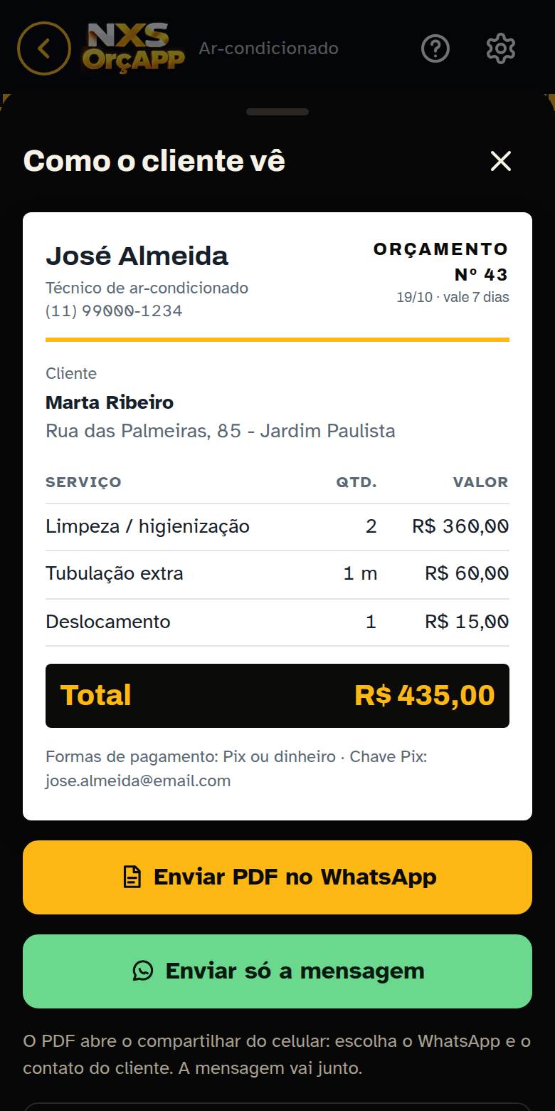 Orçamento pronto, como o cliente recebe, com botão para enviar em PDF